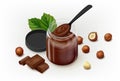 Hazelnut cocoa spread in a glass jar with spoon and lying down filbert kernels and pieces of chocolate bar